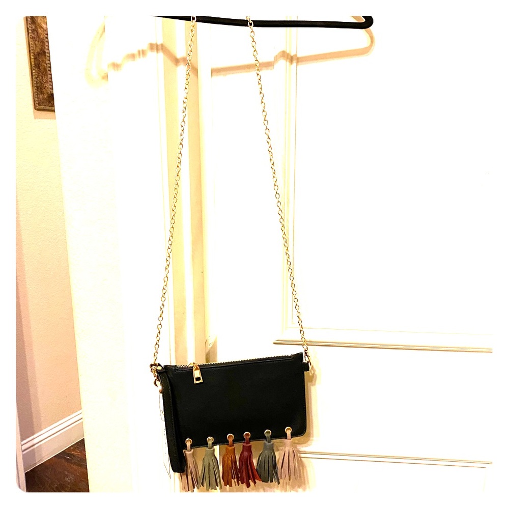 Black leather crossbody tassel purse